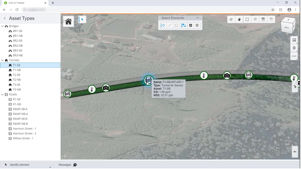 Example 3 − An iTwin of a roadway that uses IoT sensors to keep track of the asset’s health.