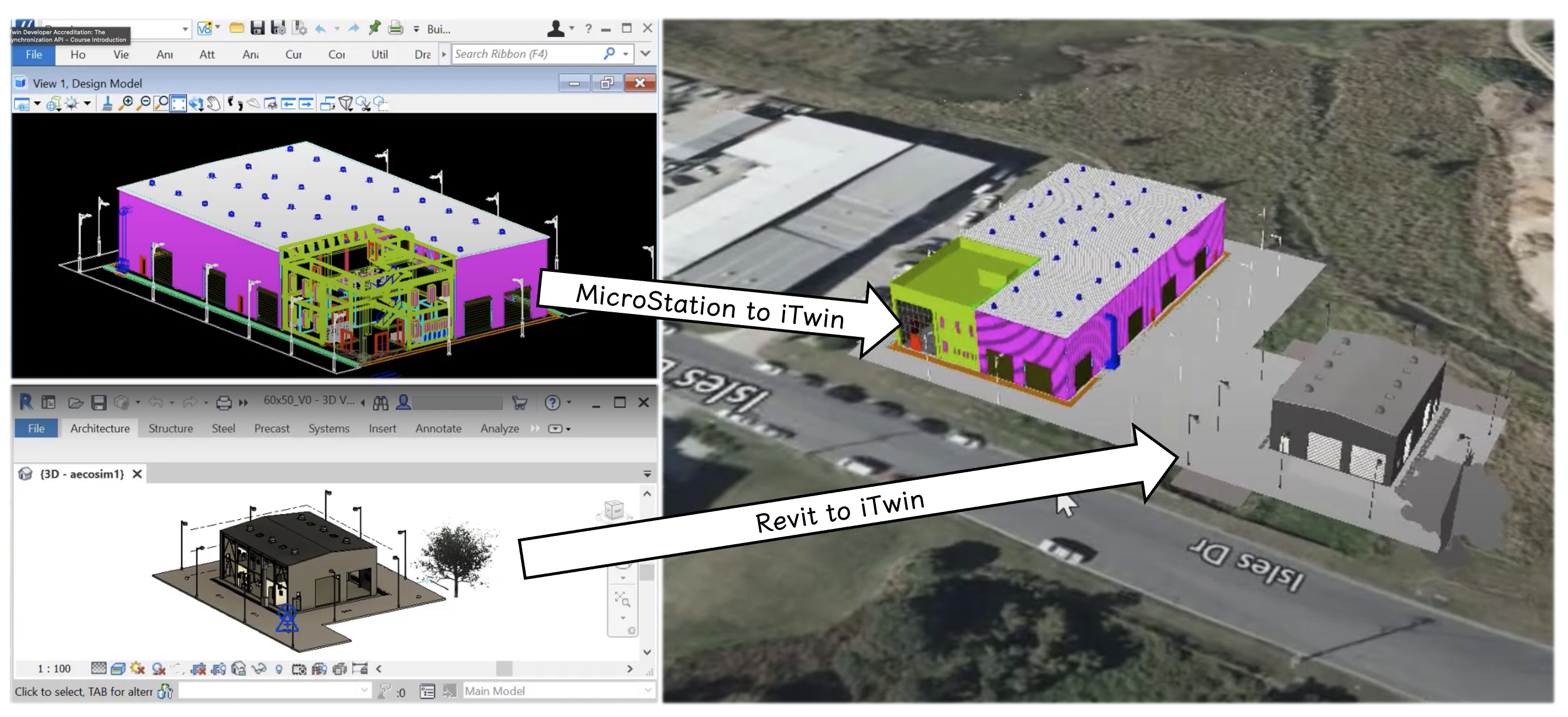 Example 1 - A .dgn file from MicroStation and a .rvt file from Revit synchronized into the same iModel of an iTwin.